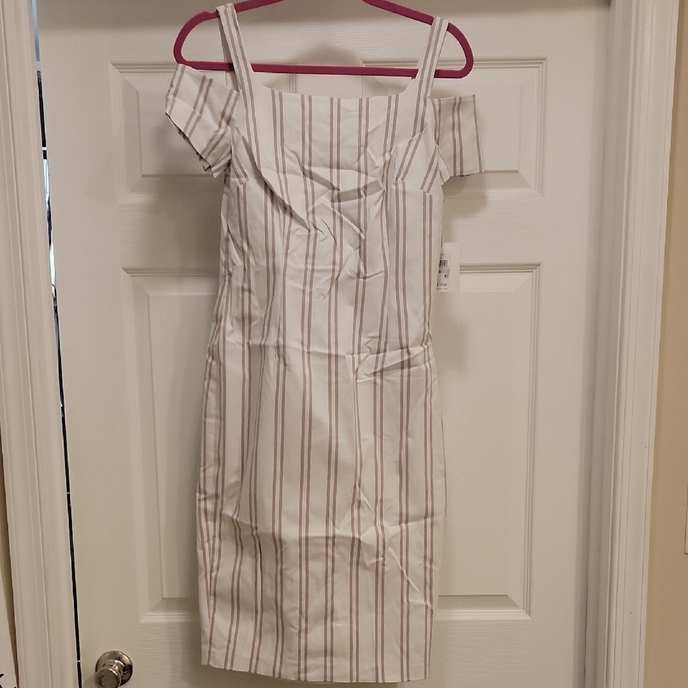 Calvin Klein White and Brown Striped Midi Dress